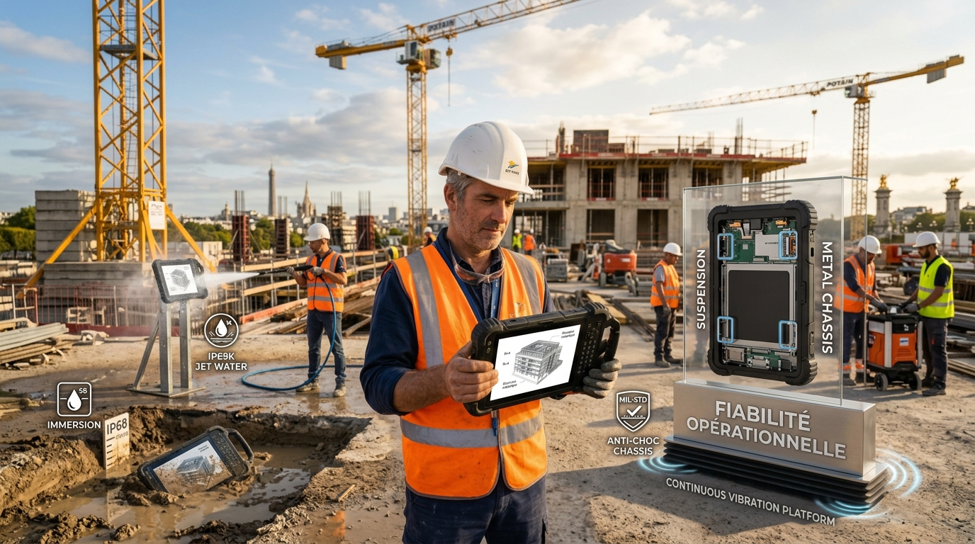 Une infographie paysage illustrant la résistance d'une tablette durcie en chantier BTP, combinant tests d'étanchéité à l'eau et à la boue avec une vue éclatée de son châssis interne renforcé.
